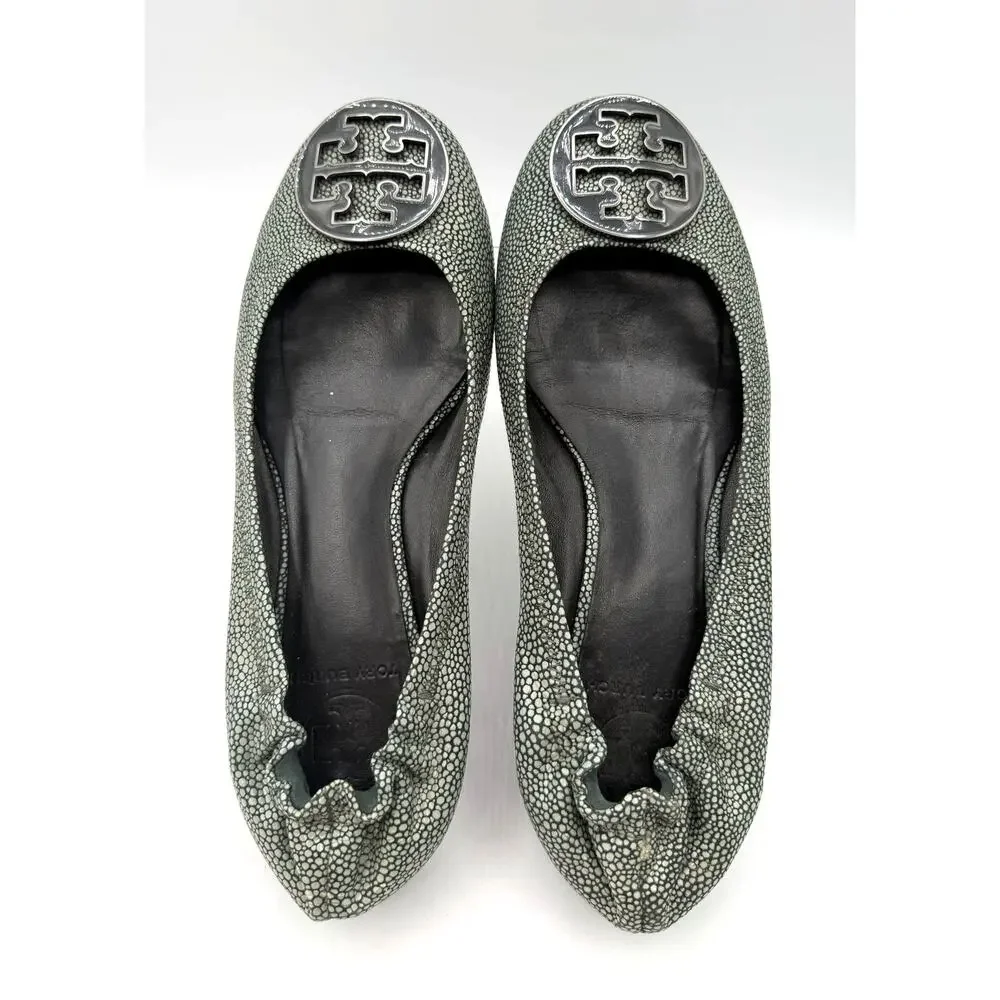 Tory Burch Gray Stingray Embossed Leather Reva Ballet Flats-Sz 7.5